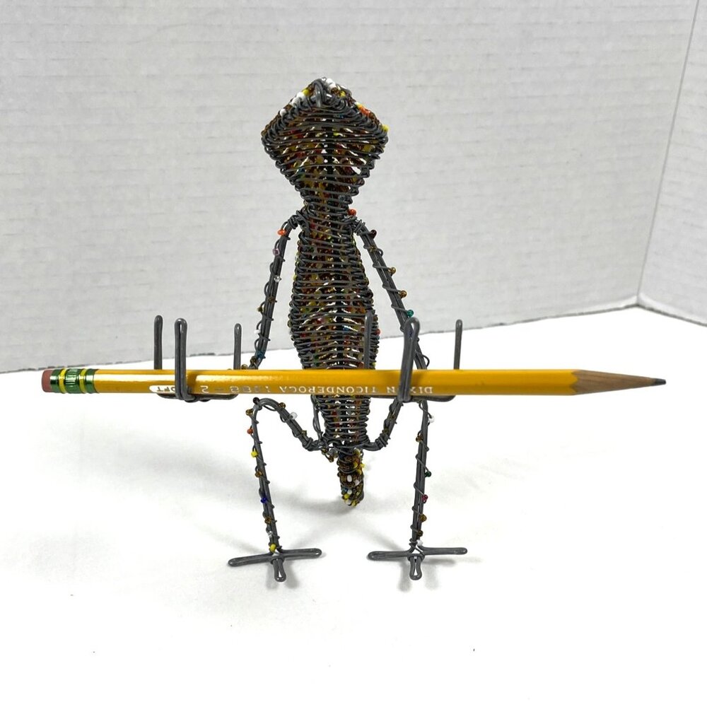 Handmade South Africa Lizard Chameleon Wire Bead Card Pen Pencil Holder Vintage - Picture 6 of 11